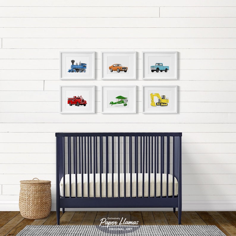 Baby boy nursery art, Transportaion set of six unframed art prints, car, truck airplane tractor boat nursery art for boys rooms image 4