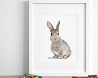 bunny rabbit art print, baby bunny nursery artwork, baby animal art print - farm animal nursery illustration