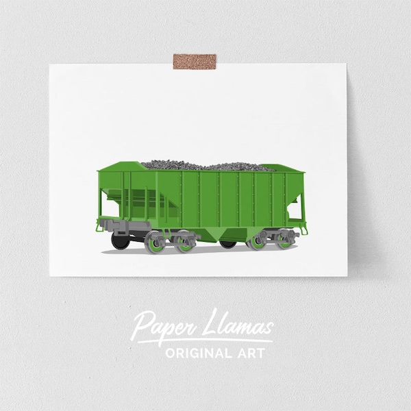 Boys train art PRINTABLE - Green Coal Car - vintage train nursery art for boys, instant download