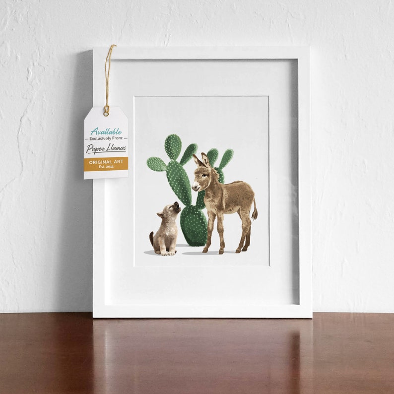 Baby donkey and coyote nursery art print, boho desert cactus artwork natural neutral baby room decor Portrait