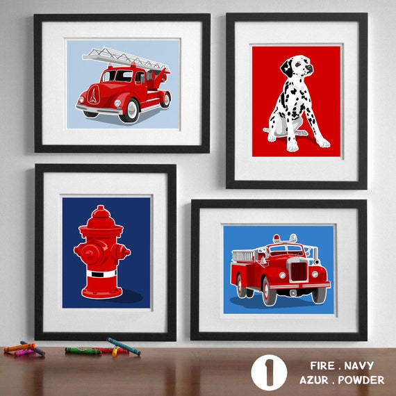 Classic Fire Truck Nursery Art Set Of 4 Prints Vintage Fire Engine Drawings Toddler Boy Bedroom Decor