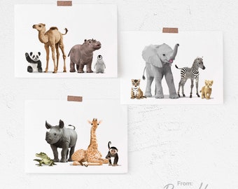 Baby jungle animal nursery art - set of 3 unframed shipped prints - safari adventure children's art - Gender neutral baby room decor