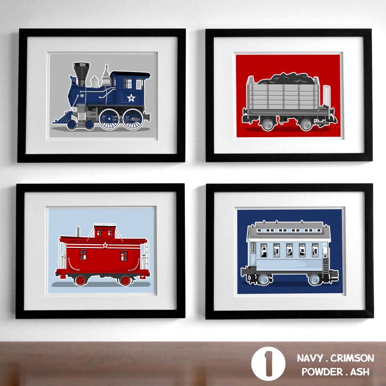 Retro railroad train nursery artwork set of 4 printed unframed boy art prints railway steam engine nursery art prints Display 1