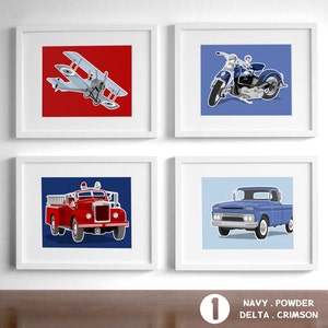 Vintage transportation prints-set of 4- airplane truck motorcycle nursery art for boys nursery - boy room decor