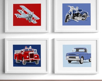 Vintage transportation prints-set of 4- airplane truck motorcycle nursery art for boys nursery - boy room decor