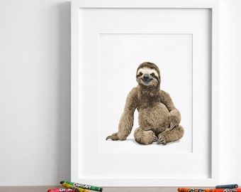 Baby sloth nursery art print, baby jungle animal artwork, rain forest baby room - baby animal wall art print