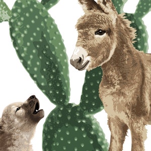Baby donkey and coyote nursery art print, boho desert cactus artwork natural neutral baby room decor image 4