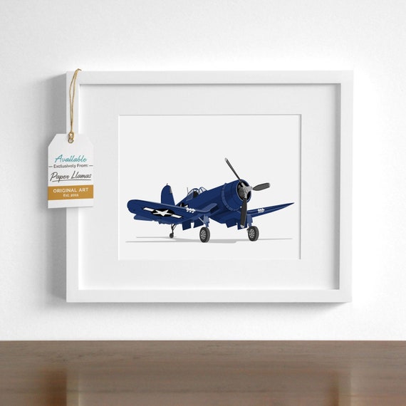 Boys airplane wall art print - F4U Corsair - pick your colors - Children's transportation art, baby boy nursery artwork