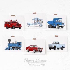 Baby boy nursery art, Transportaion set of six unframed art prints, car, truck airplane tractor boat nursery art for boys rooms Red and Blues