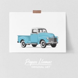 Retro truck art for boys - PRINTABLE - White top truck drawing, toddler boys room decor