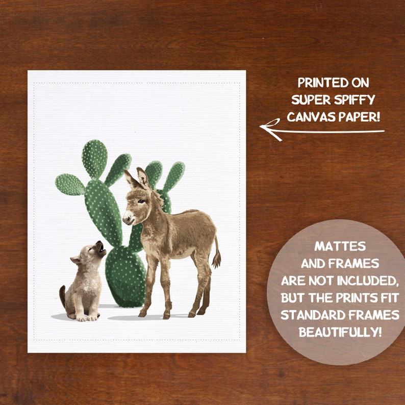 Baby donkey and coyote nursery art print, boho desert cactus artwork natural neutral baby room decor image 2