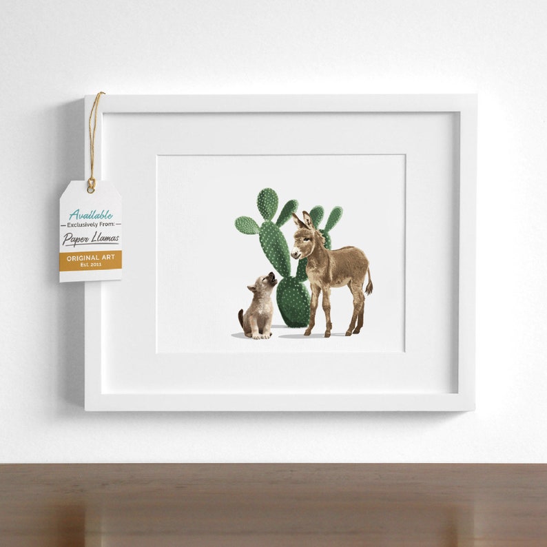 Baby donkey and coyote nursery art print, boho desert cactus artwork natural neutral baby room decor Landscape