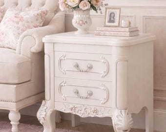 Vintage French Bedside Table with 2 Drawers in carved wood