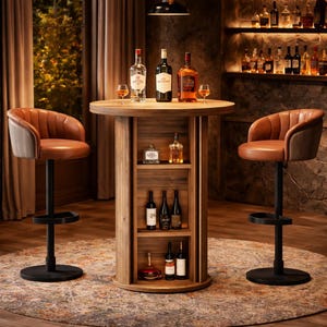 Round Wooden Bar Table with Storage Shelves Modern Space Saving High Top Furniture