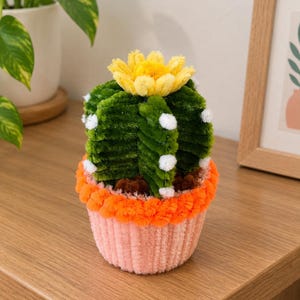 May include: A handcrafted cactus sculpture made from green pipe cleaners with white fuzzy dots, topped with a bright yellow pipe cleaner flower. The cactus sits in a light pink textured pot with a vibrant orange pom-pom trim around the top edge.