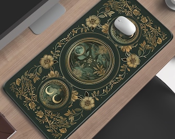 Tapis de bureau botanique Celestial Art nouveau | Mandala lune doré | Cadeau déco vintage émeraude pour espace de travail