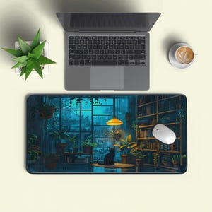 Op de afbeelding: Een rechthoekige muismat met een gezellige binnenscène met een zwarte kat, planten en boekenplanken. De mat heeft een donkerblauw en groen kleurenschema, met een laptop, een kopje koffie en een vetplant op de achtergrond.