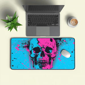 Neon Split Skull Desk Mat | Cyberpunk Pink Blue Mouse Pad | XL Home Office Deskmat
