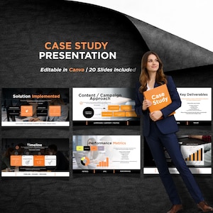 May include: A presentation template with the title "Case Study Presentation" in orange and white text. The template includes 20 slides, editable in Canva. The slides cover topics like solution implementation, campaign approach, key deliverables, and performance metrics.