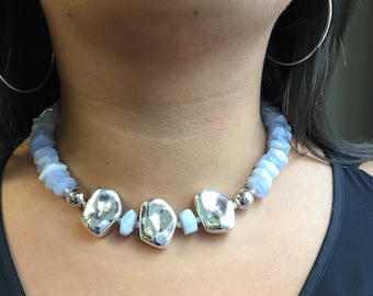 Genuine Blue Lace Agate Statement Necklace