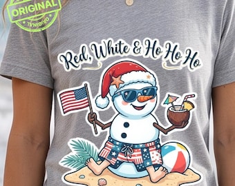 Christmas in July PNG | Red White & Ho Ho Ho Snowman PNG | Patriotic Christmas Summer Sublimation Design | USA Holiday Beach png