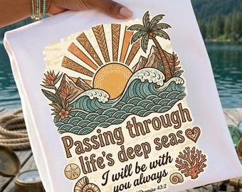 Christian Summer PNG, Pass Through Deep Waters Bible Verse Design, Watercolor Beach Shirt PNG, Coastal Sailboat Sublimation Digital Download