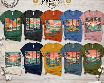Retro Summer PNG Bundle, Coastal Sunset Multi Panel Designs, Tropical Beach Sublimation, Vintage Summer Digital Download, Set of 10