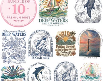 Christian Summer PNG Bundle, Pass Through Deep Waters Bible Verse Design, Coastal Sailboat Watercolor Beach Sublimation, 10 PNGs Download