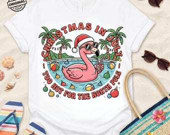 Navidad en julio PNG, Demasiado calor para el Polo Norte Diseño de flamenco, Sublimación divertida de Navidad de verano, Descarga digital de vacaciones tropicales