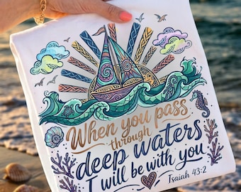 Pass Through Deep Waters Christian Summer PNG, Watercolor Beach Shirt Design, Inspiring Bible Verse Sublimation, Coastal Sailboat Digital