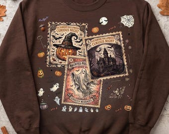 Camiseta con estampado de Halloween / Camiseta con pósteres vintage de brujas de Halloween / Collage espeluznante, calabaza, murciélago