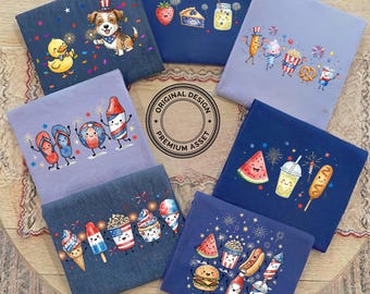 Patriotic PNG Bundle, Cute 4th of July Cartoon Designs, Red White and Blue Summer Sublimation, USA Digital Download, Set of 7