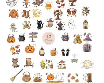 Paquete PNG de Halloween de otoño, lindo clipart espeluznante de otoño, fantasma, calabaza, bruja, acuarela, sublimación, descarga digital, conjunto de 42