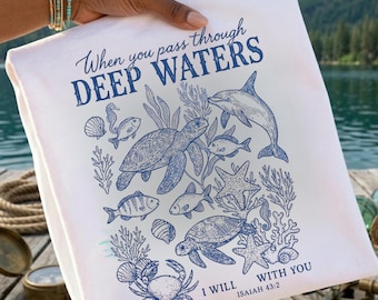 Pass Through Deep Waters PNG, Christian Beach Shirt Design, Bible Verse Sublimation PNG, Watercolor Coastal Sailboat Summer Digital Download