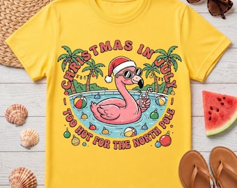 Camiseta navideña de flamencos en julio / Gráfico de Papá Noel tropical en la piscina