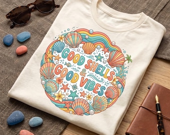Good Shells & Good Vibes zomershirt png, retro strandsublimatieontwerp, kustzeeschelpafbeelding, zomervakantie digitale download