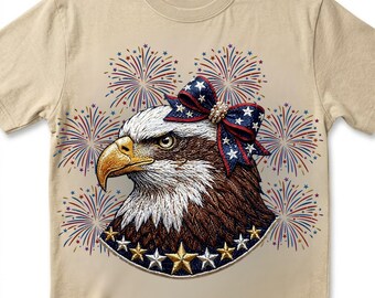 Patriotic Eagle PNG, Faux Embroidery Bald Eagle with Fireworks Bow, Fourth of July USA Sublimation, American Flag Digital Download