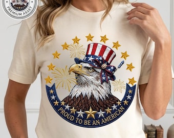 Patriotic Eagle PNG, Faux Embroidery Bald Eagle with Top Hat, American Flag Fourth of July Sublimation, USA Digital Download