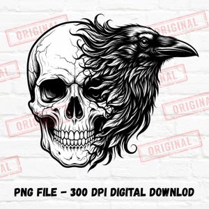 May include: A black and white digital illustration featuring a human skull merged with the head of a raven. The design displays intricate line work and shading, with the text ORIGINAL repeated in red stamps and PNG FILE - 300 DPI DIGITAL DOWNLOD.