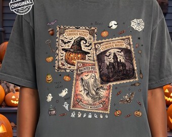 Camiseta con sello de Halloween PNG, diseño de sello postal de Halloween vintage, sublimación de casa embrujada con fantasma de calabaza, descarga digital