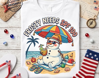 Frosty Needs SPF 100 Kerstmis in juli png, grappig zomerkerstsublimatieontwerp, strandsneeuwpop grafisch, retro vakantie