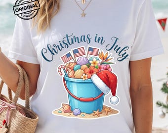 Christmas in July PNG | Tropical Beach Christmas Sublimation | Santa Hat Beach Bucket PNG | Summer Christmas Clipart | 4th of July Beach
