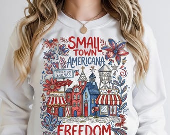 Small Town Americana PNG, Patriotic Folk Art Design, Vintage USA Village Illustration, Freedom 4th of July Shirt Design,  Sublimation PNG