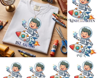 Jongen terug naar school PNG-bundel, ruimtepak schoolshirtontwerpen, astronaut terug naar school sublimatie, eerste schooldag digitale download