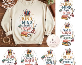 Back to School PNG Bundle, Motivational Teacher Quotes, School Supplies Doodle Sublimation, Classroom Digital Download, Set of 6