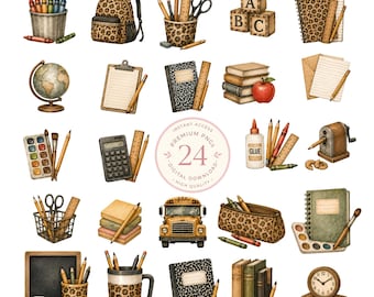 Terug naar school png-bundel, 24 aquarel schoolbenodigdheden clipart, leraar png-bundel, luipaardprint schoolelementen, digitale download