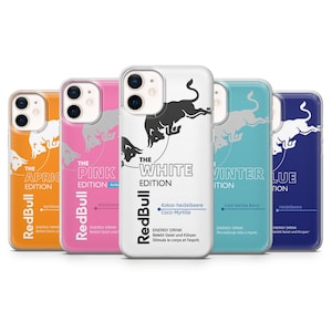 May include: A selection of phone cases showcasing the Red Bull logo and different flavour editions. The cases are in orange, pink, white, teal, and blue, each with unique text and graphics. The text includes "Apricot," "Pink," "White," "Winter," and "Blue" editions.