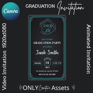 Animated Graduation Video Invitation, Engineering Grad Invite, Tech Style High School - Neon Animated Invite, canva template, party invite.
