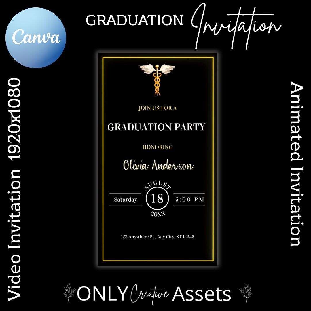 Animated Medical Graduation Invitation, Elegant Black and Gold Video ...