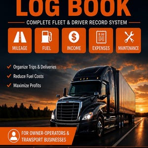 Op de afbeelding: Een logboek voor vrachtwagenchauffeurs met een zwarte vrachtwagen op de omslag. De tekst bevat: TRUCK DRIVER LOG BOOK, COMPLETE FLEET & DRIVER RECORD SYSTEM, MILEAGE, FUEL, INCOME, EXPENSES, MAINTENANCE, 100 PAGES, 15,24 cm x 22,86 cm, LAY-FLAT BINDING, PRINTABLE.